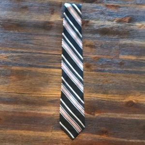 Black, white, gray, and red striped tie